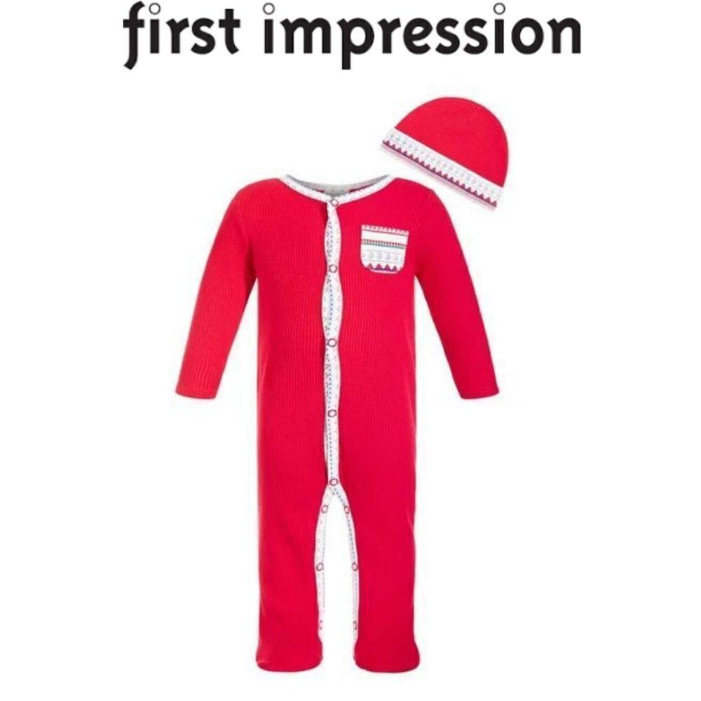 First Impressions Holiday Christmas Jumpsuit Romper Coverall Hat Set 0-3…